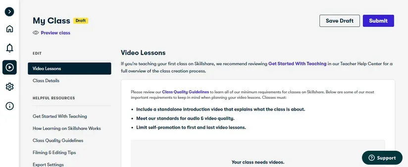 Skillshare's course creation interface